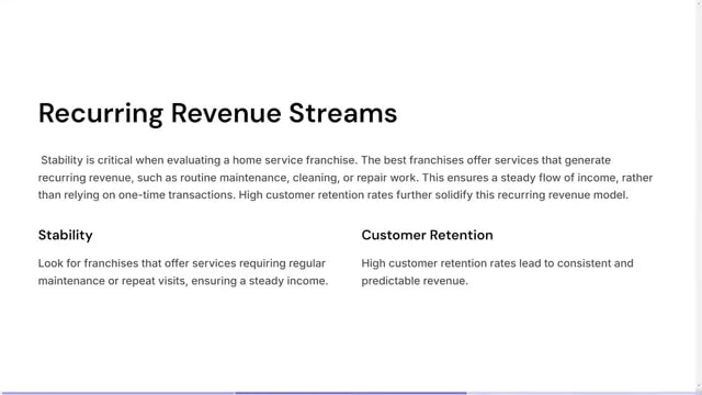 Slide titled Recurring Revenue Streams with stability and customer retention headings