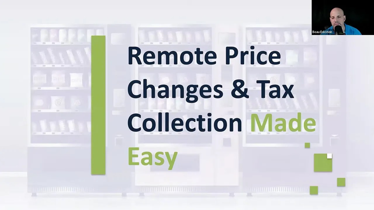 Graphic describing remote price changes and automated tax collection for unattended retail