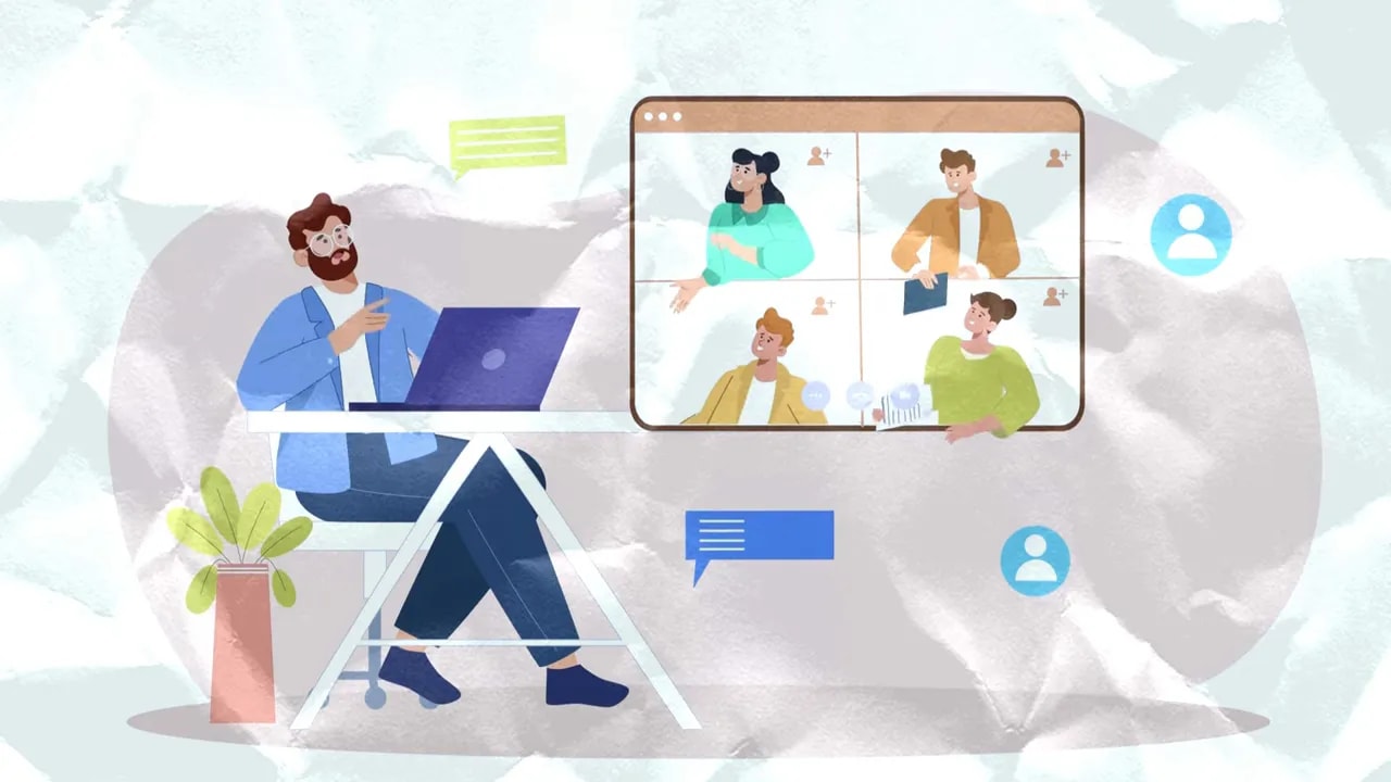 Illustration of remote professional with laptop and virtual team meeting screen