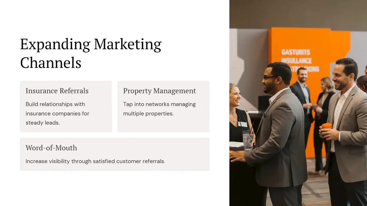 Slide titled Expanding Marketing Channels beside a business networking photo