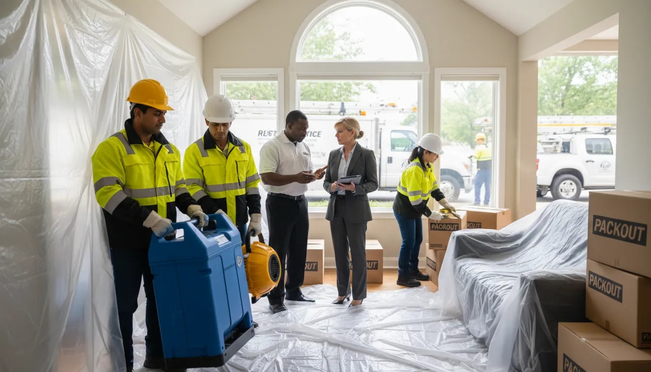 Restoration technicians and an insurance adjuster coordinating water-damage recovery with equipment, trucks, and packed boxes