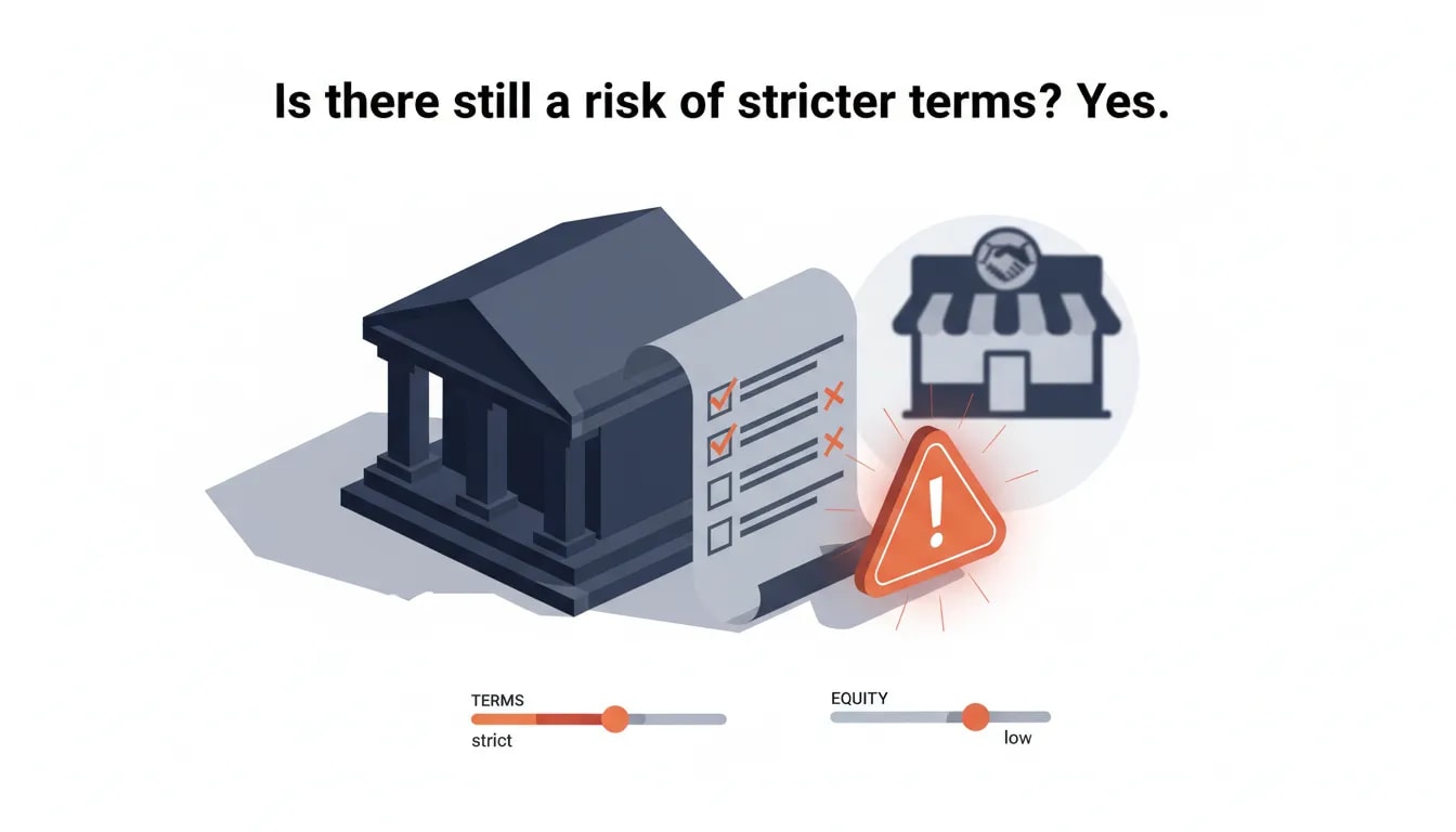 Illustration of lender reviewing stricter loan terms for a business acquisition with limited collateral
