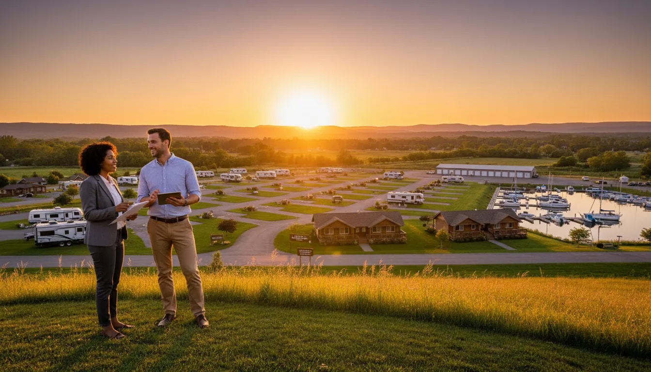 Two partners overlooking an RV park at sunset, discussing strategy with a clipboard and tablet; visible motel, storage units, and marina slips below.