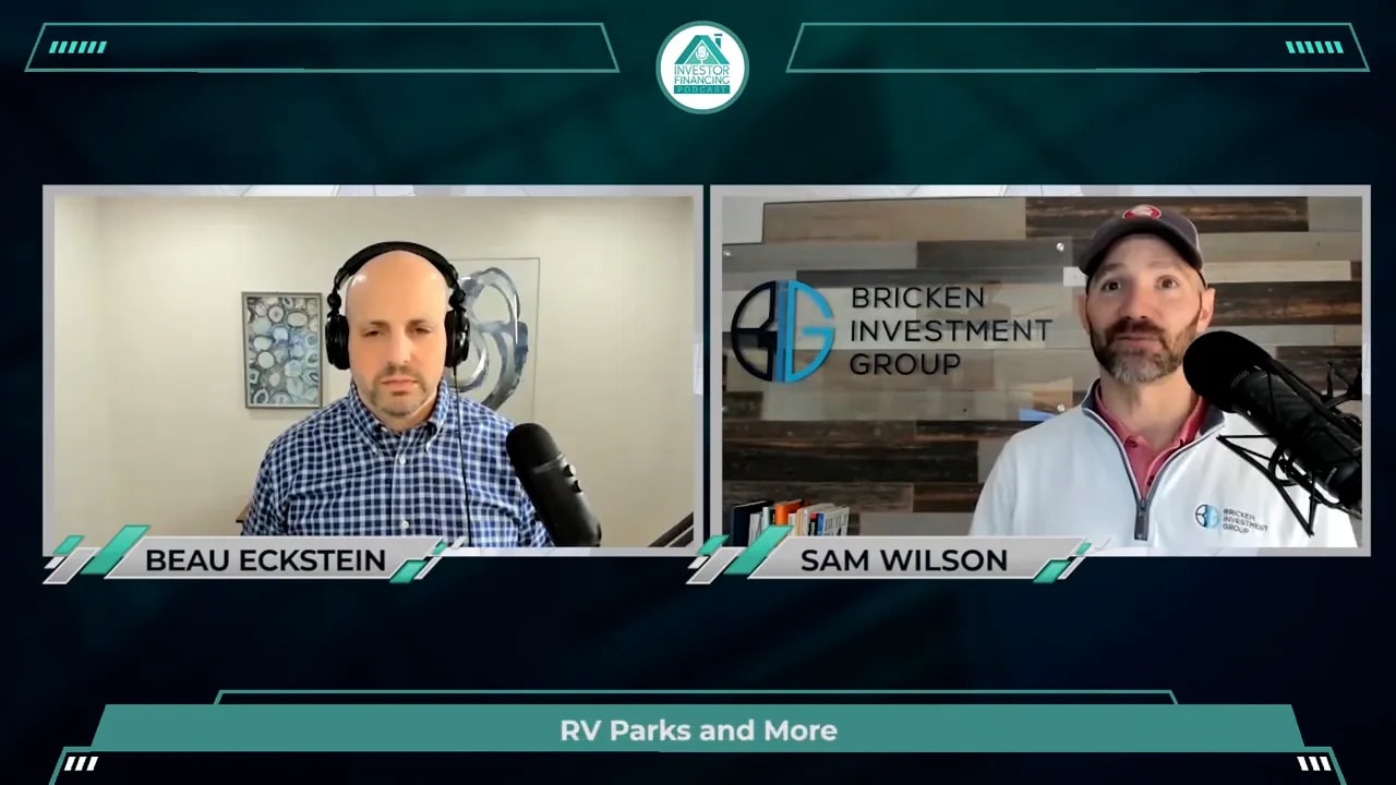 Split-screen podcast frame with lower third reading 'RV Parks and More', illustrating a discussion of ancillary revenue ideas.