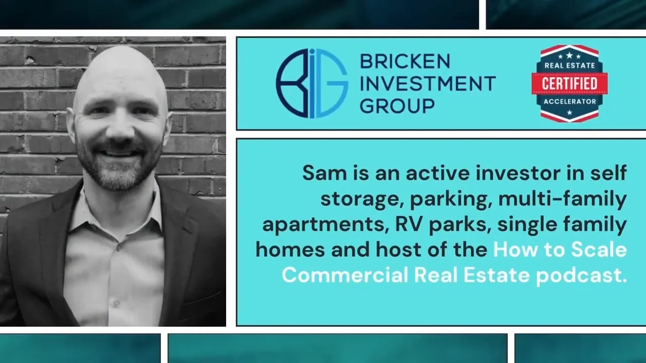 Podcast information slide with a portrait and text listing investments including self storage, parking, multi-family and RV parks.