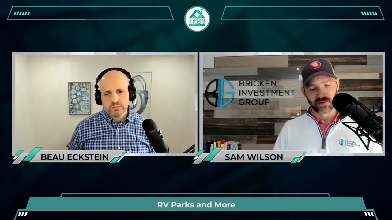 Split-screen podcast hosts with on-screen banner 'RV Parks and More' discussing RV park underwriting and sizing.
