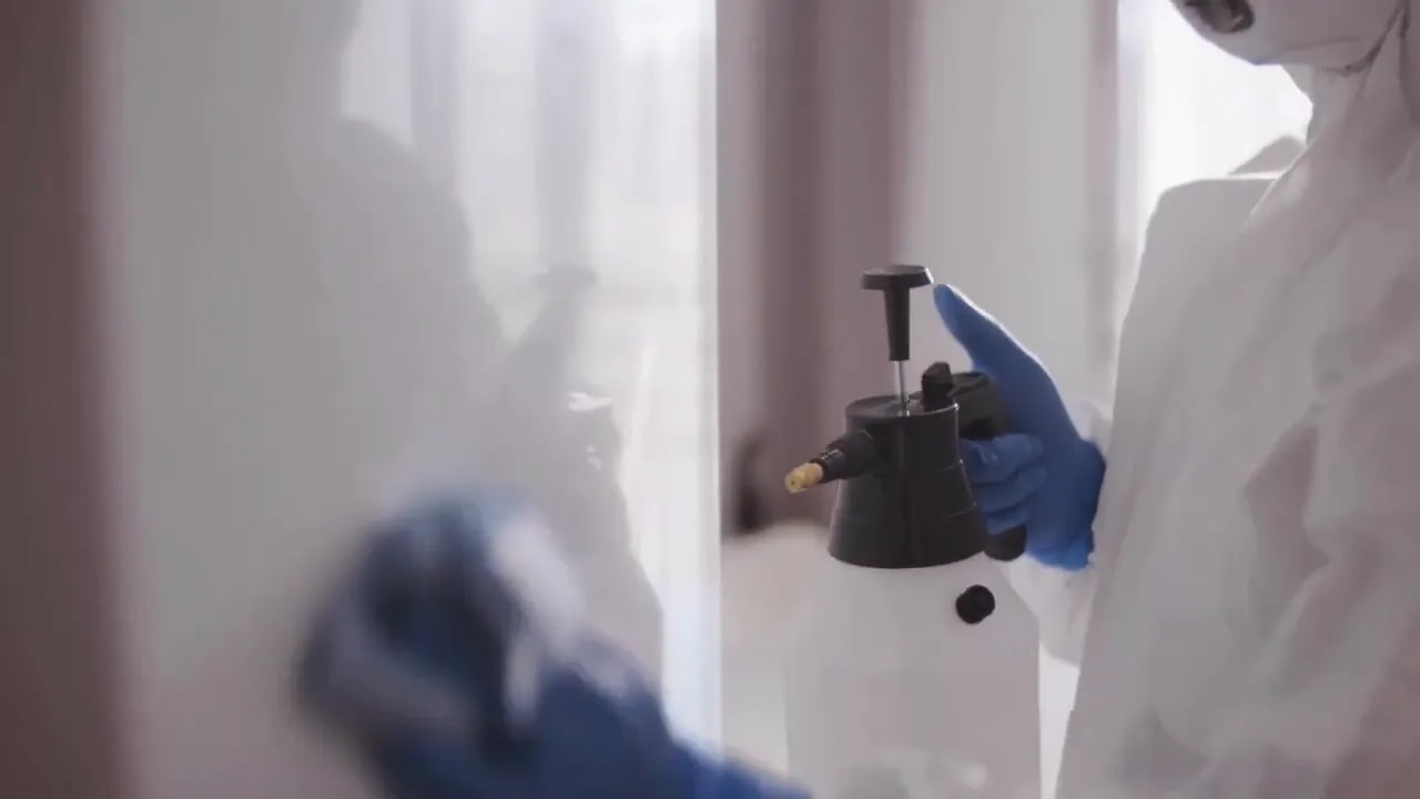 Worker in protective clothing cleaning a wall with a spray bottle