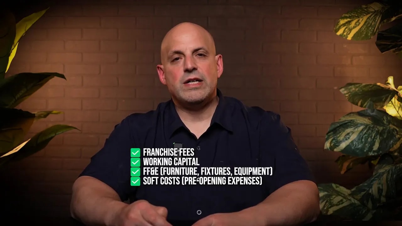 Presenter with clear on-screen checklist: 'Franchise fees, Working capital, FF&E (furniture, fixtures, equipment), Soft costs (pre-opening expenses)'.