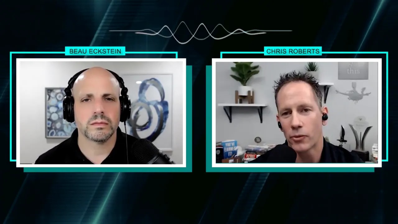 Clean split-screen podcast image with both hosts centered and clearly visible, neutral expressions and high clarity.