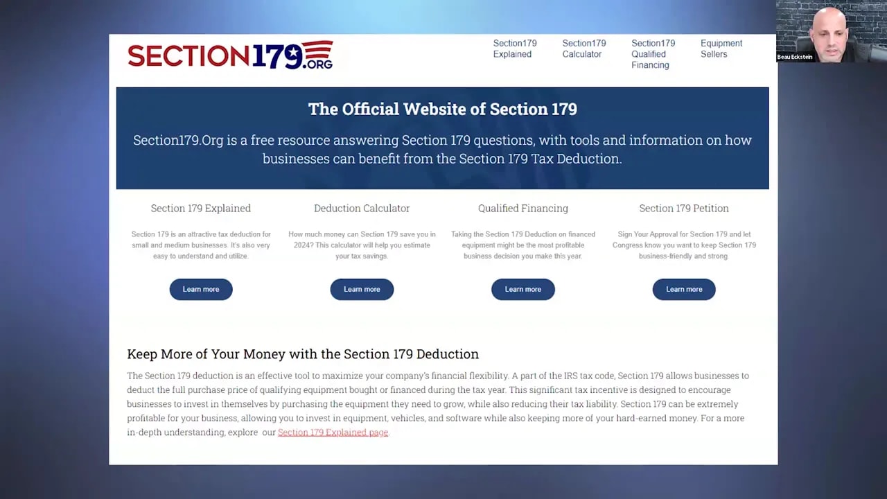 website screen for Section 179 with navigation and calculator references