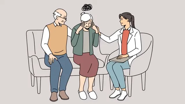 Illustration of an older couple speaking with a seated woman