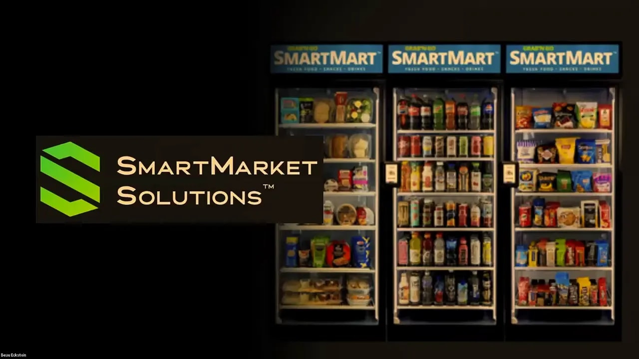 SmartMarket Solutions branded vending machine display with stocked shelves