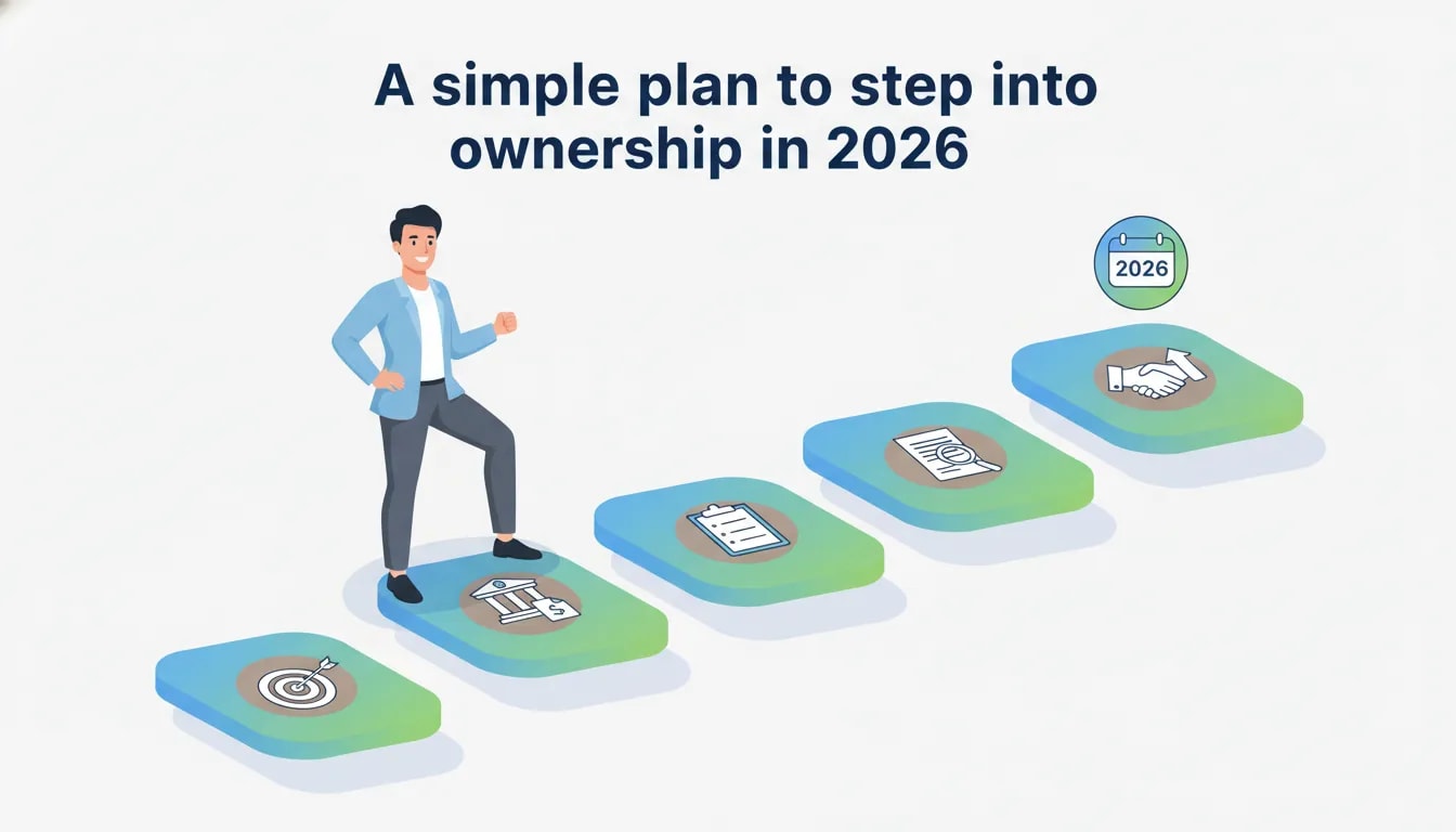Vector illustration of a small-business owner climbing five steps labeled with icons for target, bank/loan, shortlist, due diligence, and handshake, with a subtle 2026 badge.
