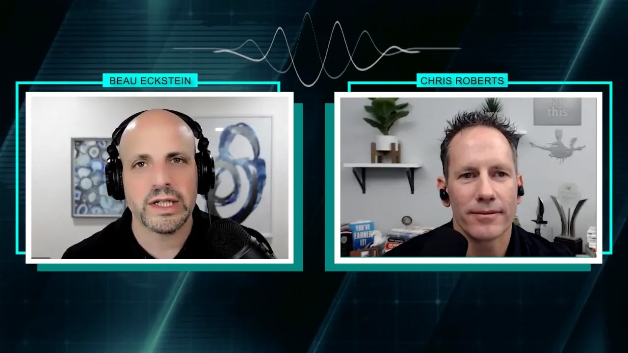 Two podcast hosts in a sharp, well-lit split-screen recording discussing action steps