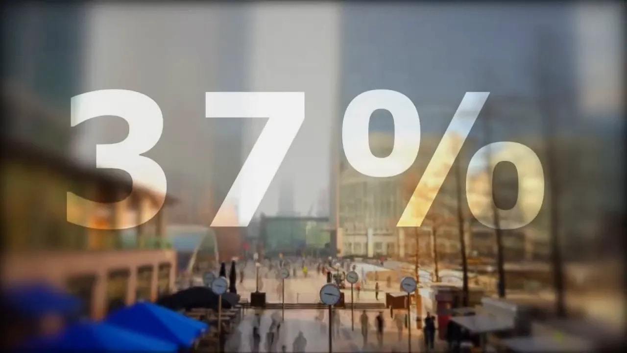 Large 37 percent text over a blurred city scene