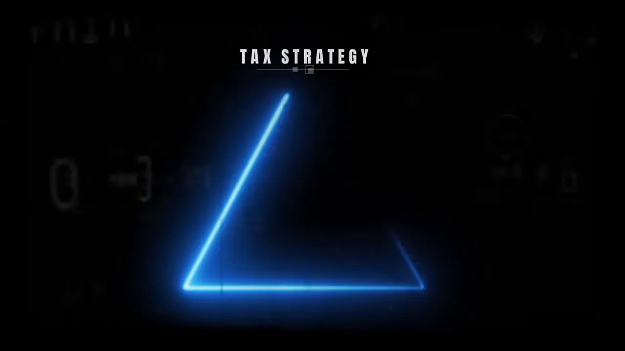 Tax strategy graphic with a glowing triangle over a dark background