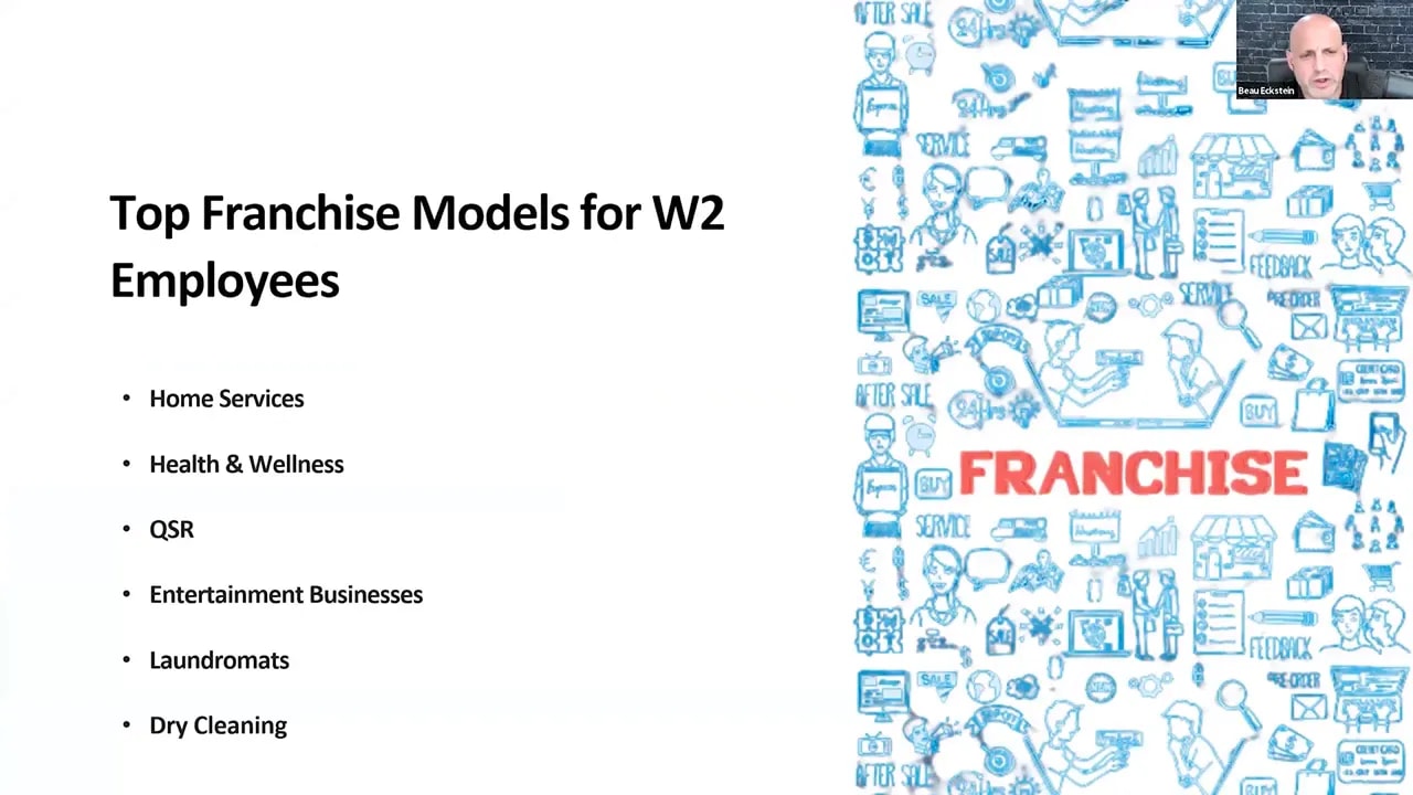slide listing top franchise models for W2 employees including home services health and wellness entertainment laundromats and dry cleaning