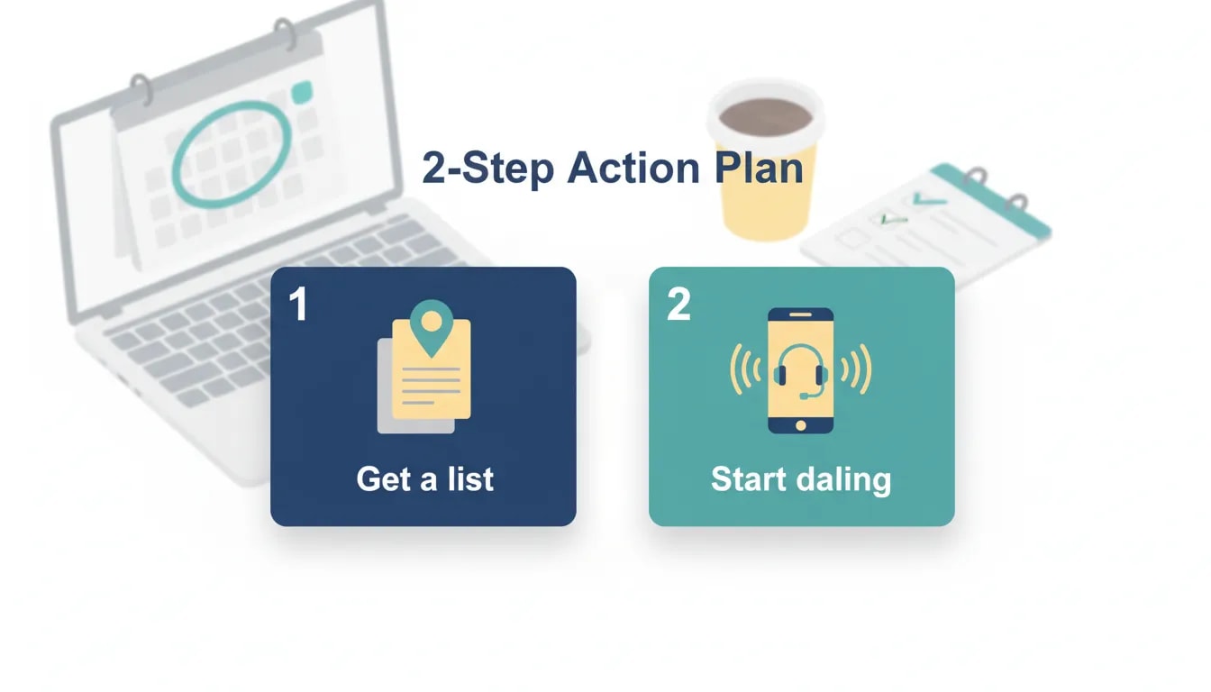 Flat-vector illustration of a two-step action plan: card 1 with a list/map-pin icon for getting a list, card 2 with a smartphone for starting dialing, plus a calendar and laptop indicating 'start this week'.