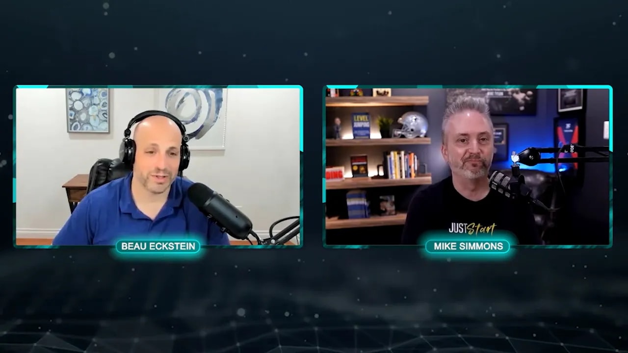 Split-screen video of two podcast participants in home studios, both framed clearly and speaking into microphones.