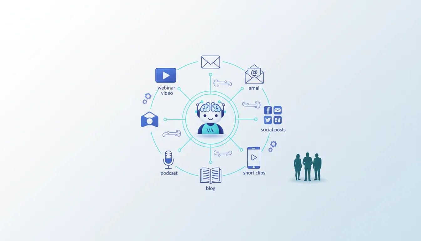 Virtual assistant workflow scaling webinar content into social posts, email, blog, and podcast assets