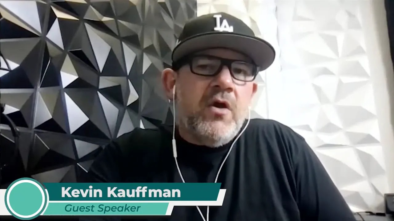 well-framed guest on video call speaking about business systems with lower-third graphic visible