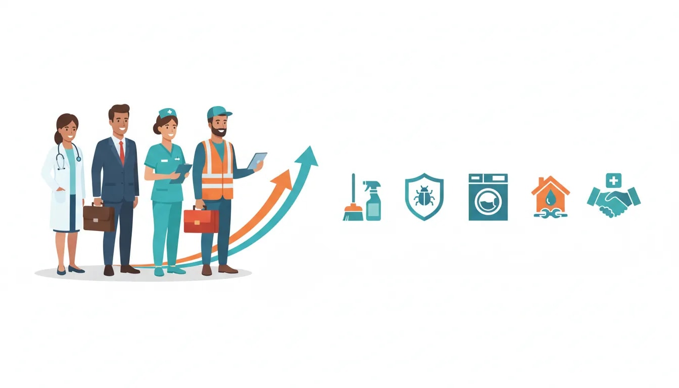 Diverse professionals moving from paychecks to franchise ownership, pointing toward icons for cleaning, pest control, laundromat, restoration, and healthcare staffing.