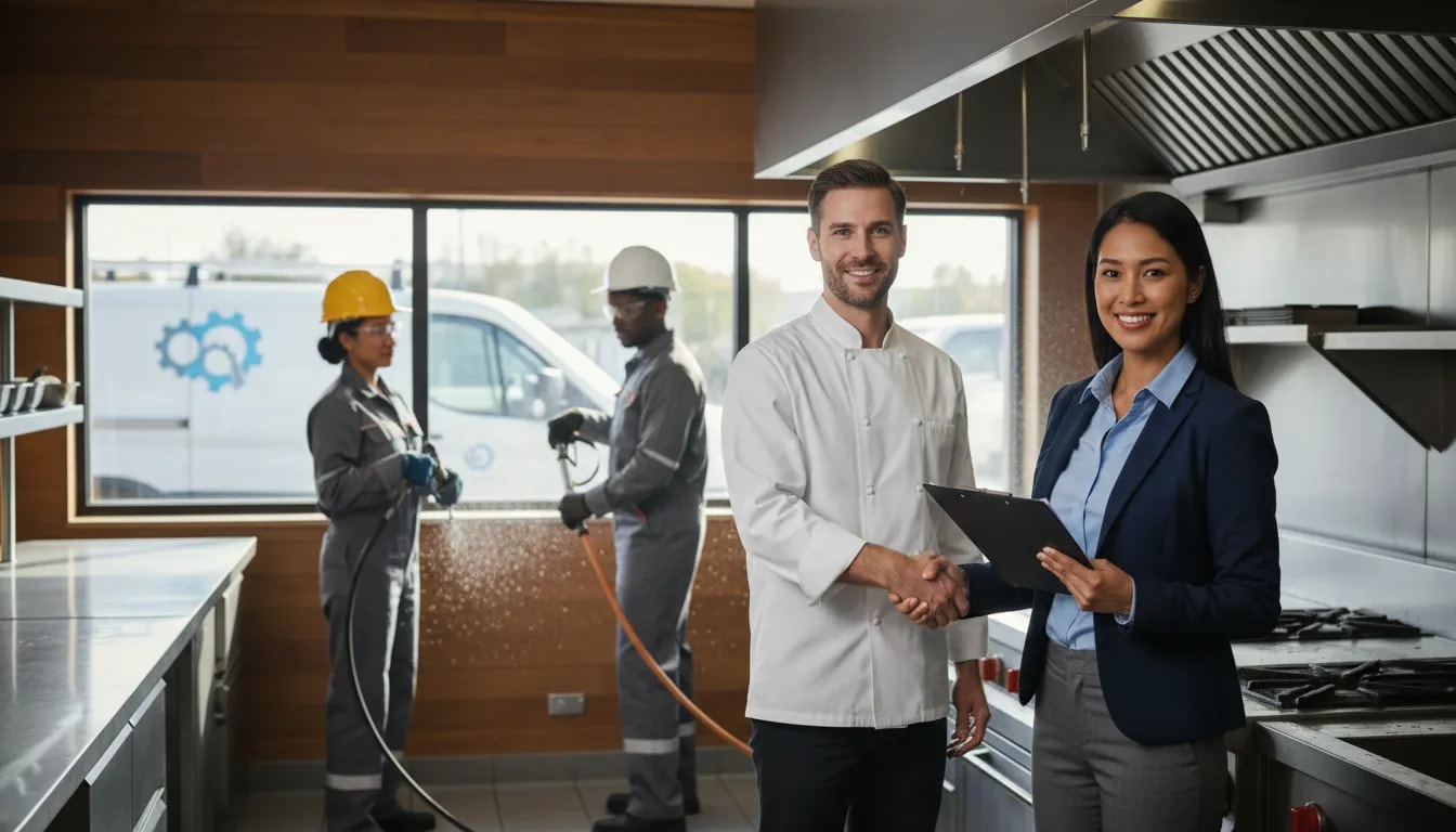Franchise owner with clipboard, technicians cleaning a commercial kitchen hood, and service vans — representing the ideal candidate for a commercial hood cleaning franchise