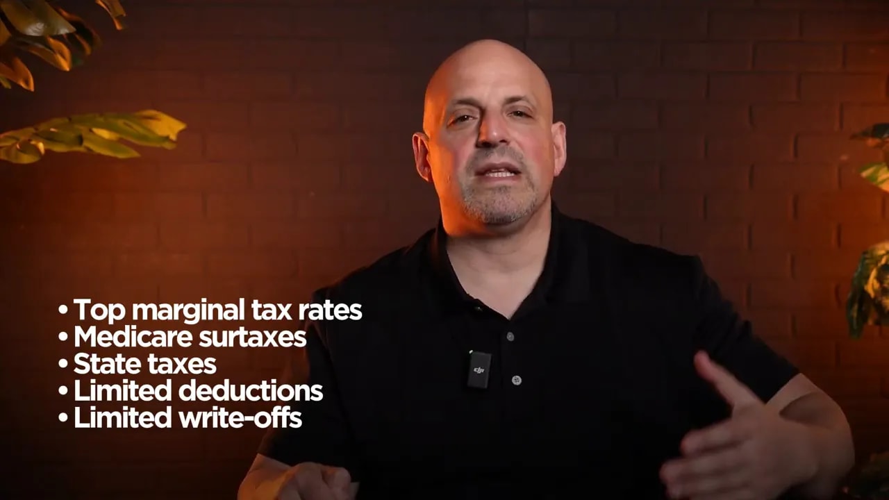 Clear on-camera shot of the host with legible bullet points listing tax burdens: top marginal tax rates, Medicare surtaxes, state taxes, limited deductions, limited write-offs.